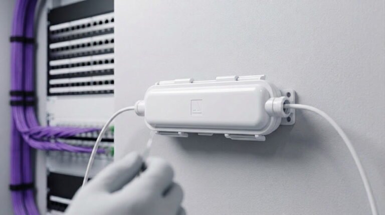 A technician installs a Fiber Optic Splice Box with Sleeves on a wall, featuring a clean white finish and connected white fiber optic cables.