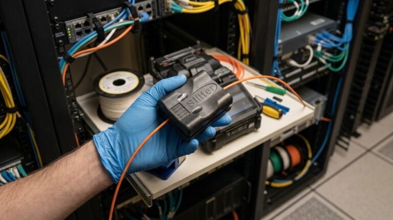 A technician wearing blue gloves uses a black Fiber Optic Longitudinal Slitter to strip an orange fiber optic cable in a professional server room environment.
