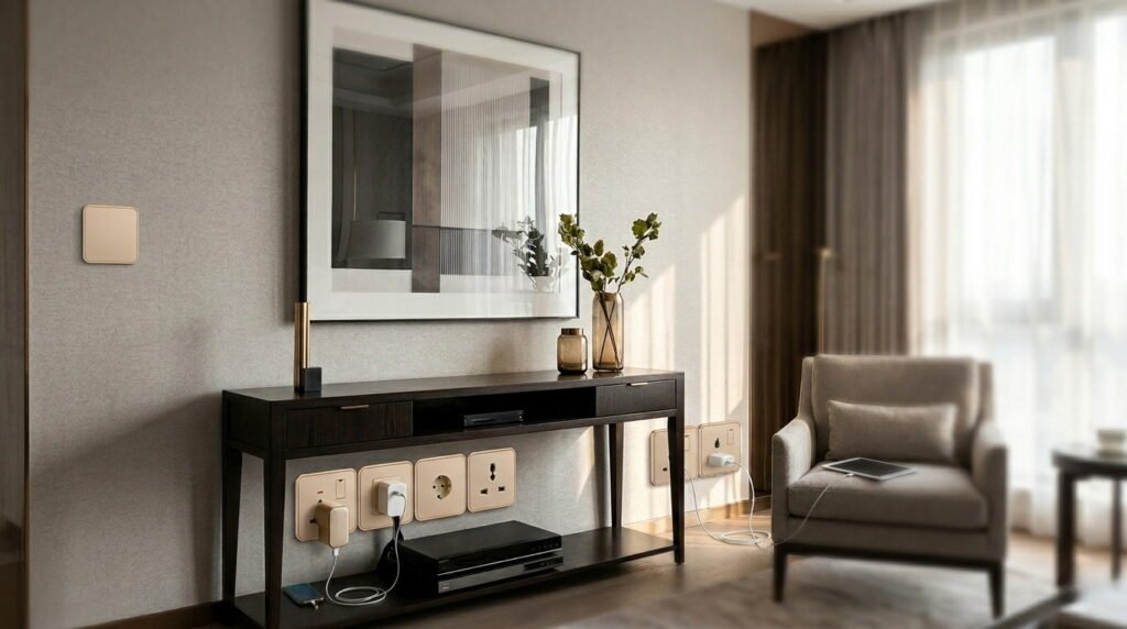 A modern interior living room scene featuring champagne gold EU Switch and Socket wall plates installed on a light grey wall above a console table.