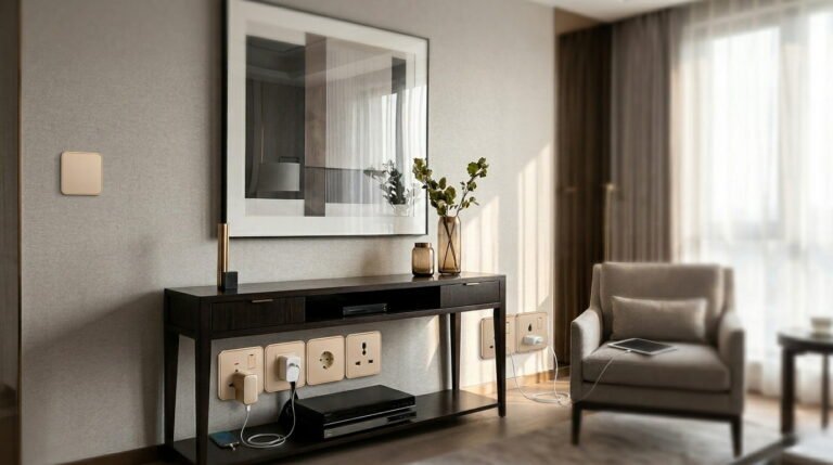 A modern interior living room scene featuring champagne gold EU Switch and Socket wall plates installed on a light grey wall above a console table.