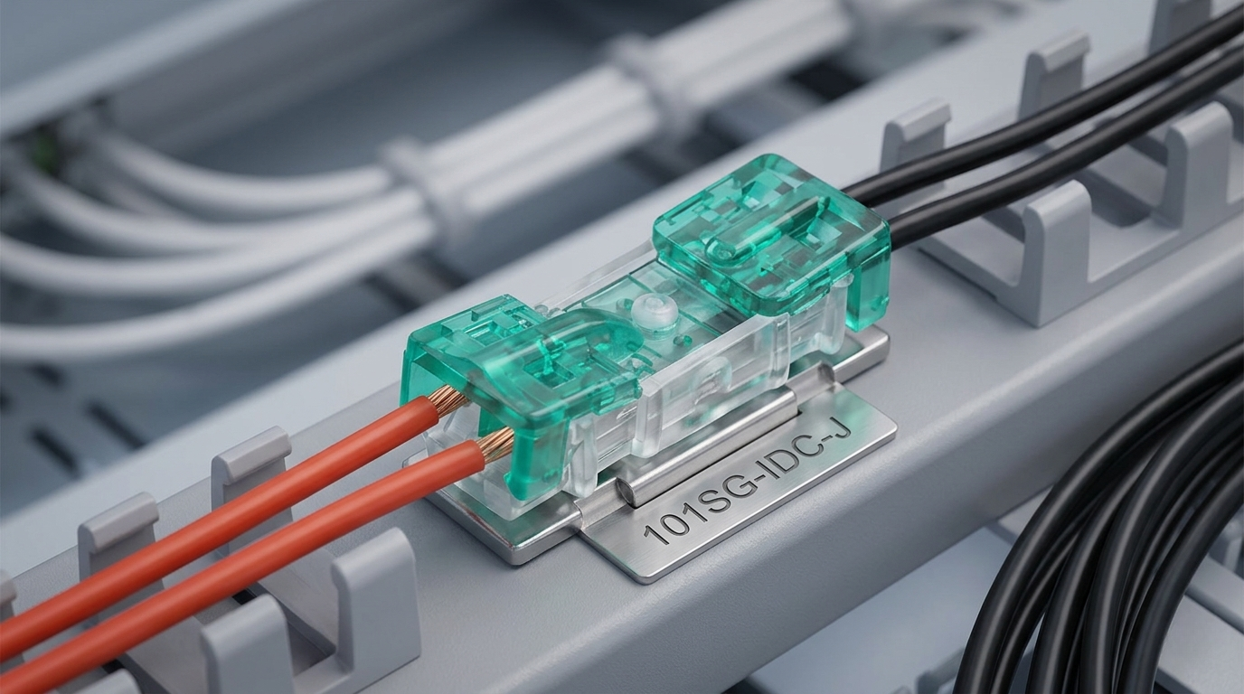 a 101SG Inline Connector securely mounted, showcasing its clear, green-tinted housing with red and black wires connected on either side.