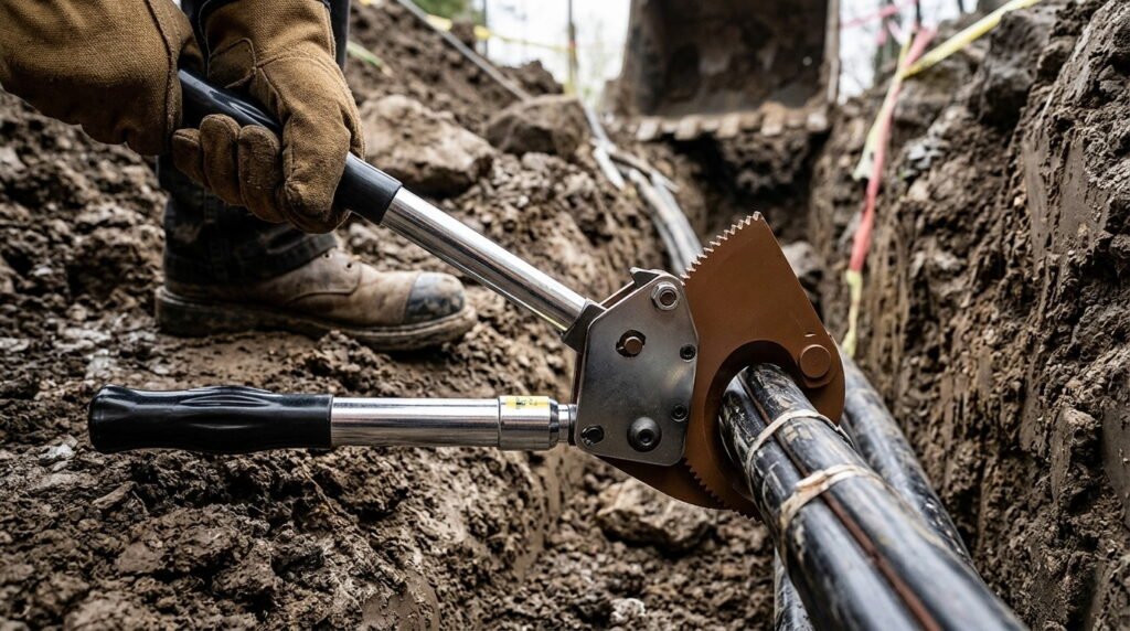 an Extendible Ratchet Cable Cutter in gloved hands, mid-cut on a thick underground armored cable in a muddy trench