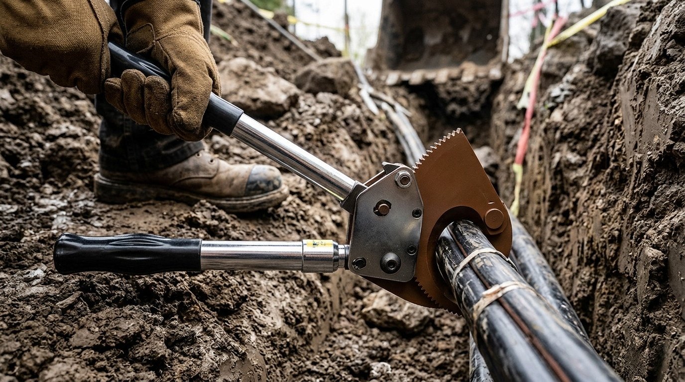 an Extendible Ratchet Cable Cutter in gloved hands, mid-cut on a thick underground armored cable in a muddy trench